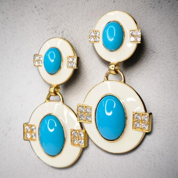 18k Gold Plated High-end Designer White Enamel Turquoise Cabochon Earrings - Picture 2 of 5